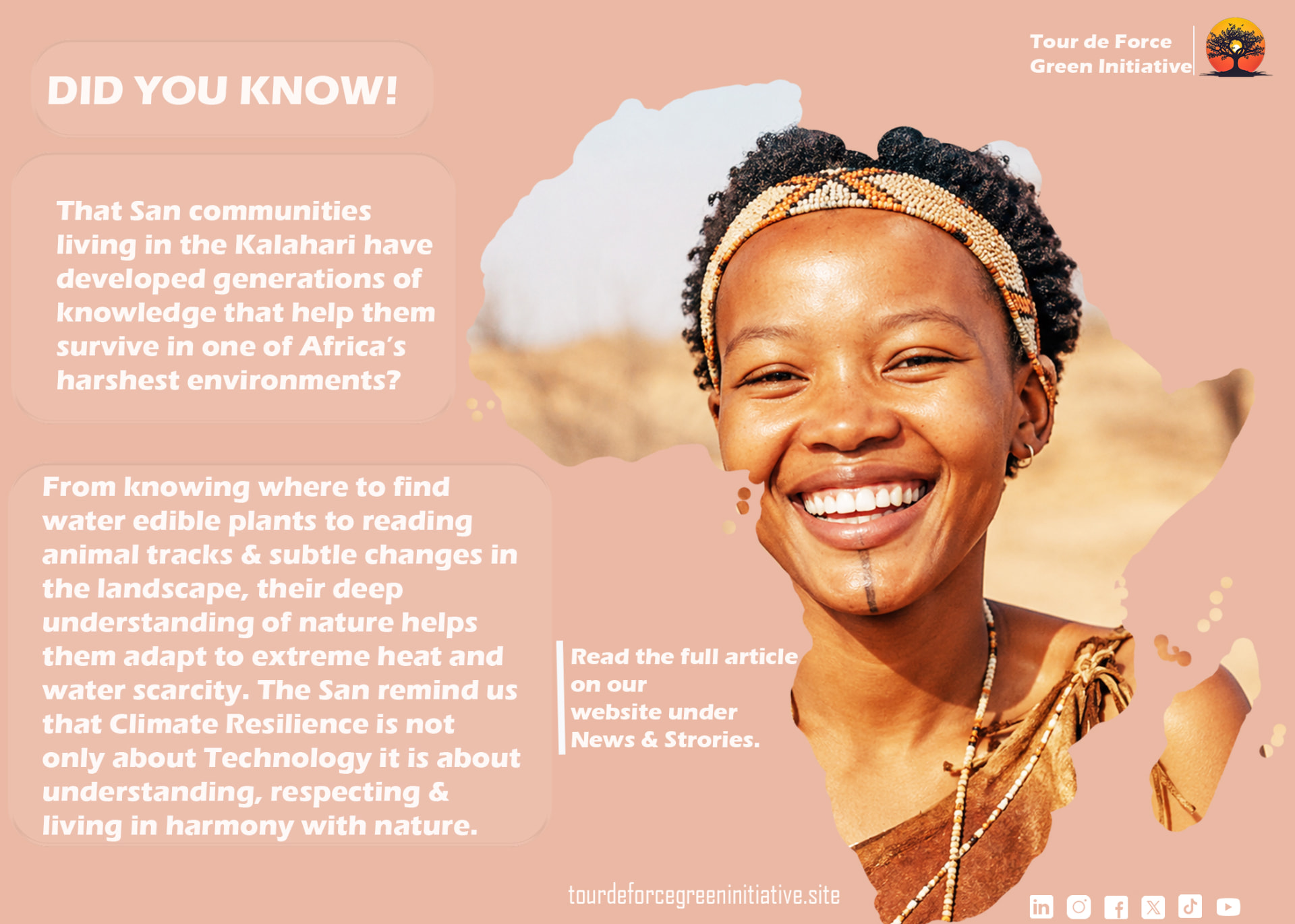 A young San woman smiling, with the Kalahari behind her