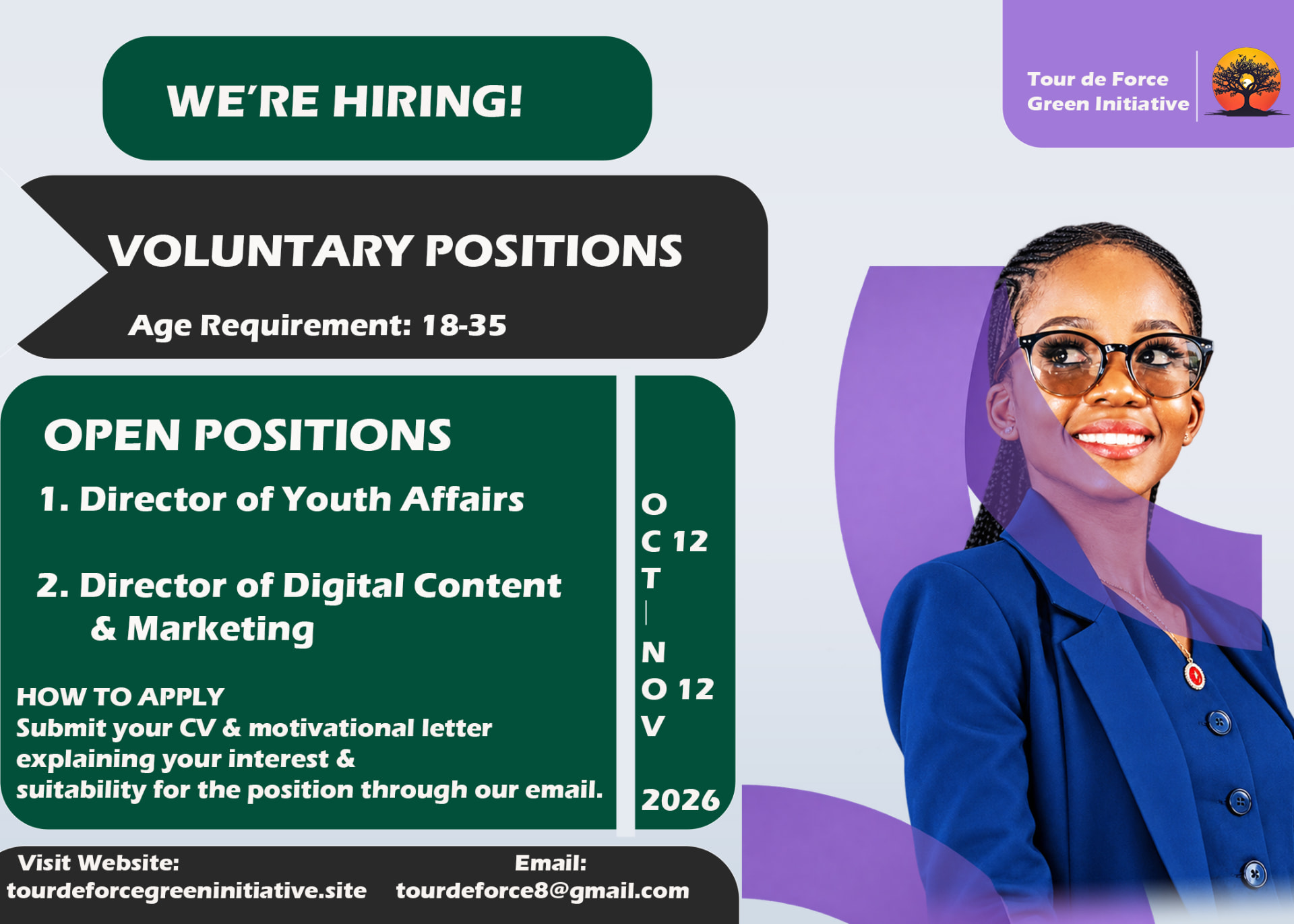 We're hiring poster: voluntary positions, Director of Youth Affairs and Director of Digital Content & Marketing, 12 October to 12 November 2026