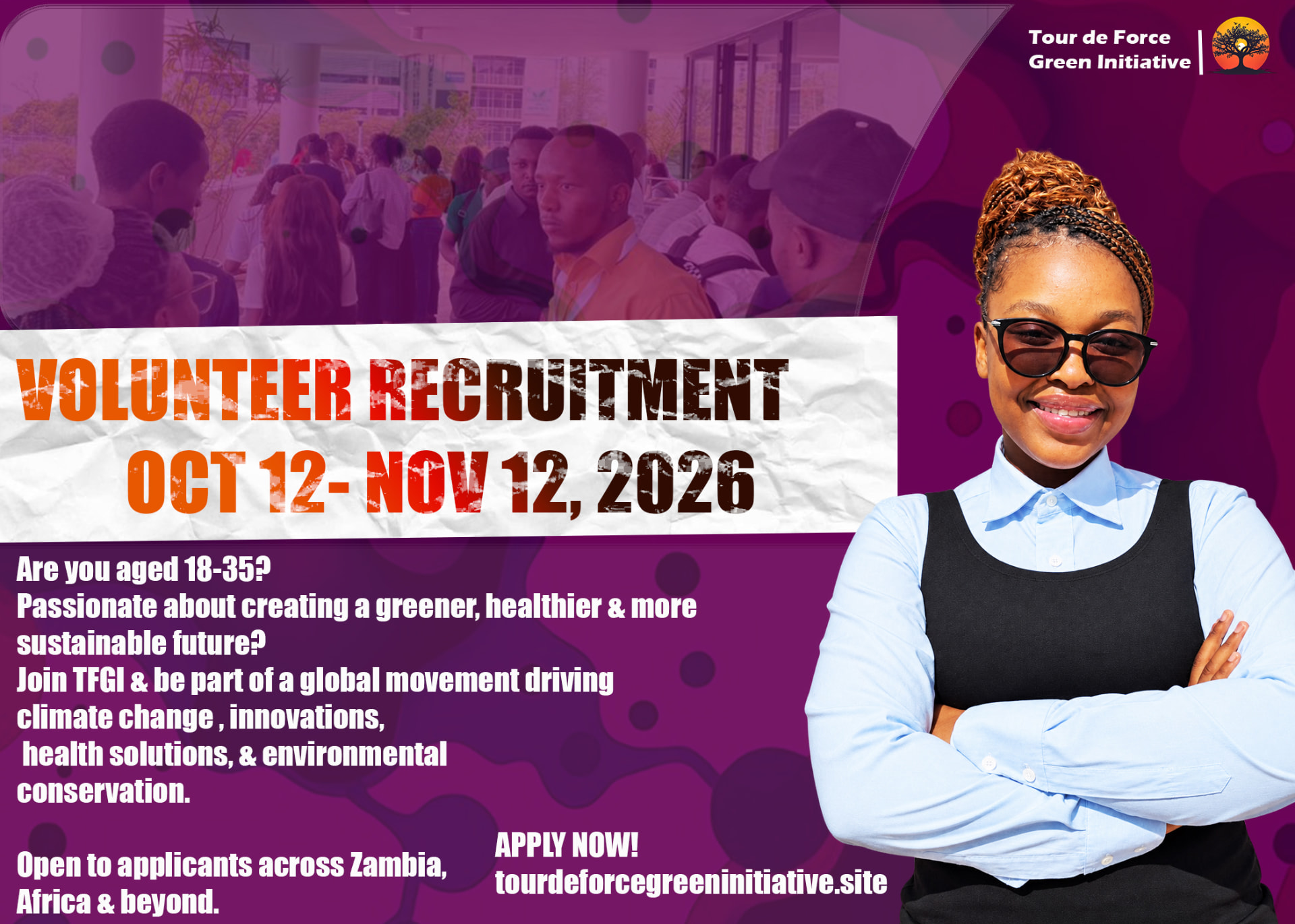 Volunteer Recruitment poster, 12 October to 12 November 2026, open to applicants aged 18 to 35
